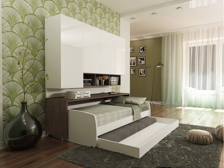 Compact Twin XL Sofa bed and Cabinets Wall System